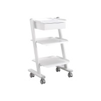Mobile surgical cart with wheels, two shelves with anti-drop edges and a storage drawer