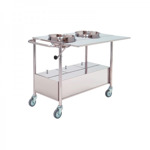 Cast trolley with lower drawer, upper board and trays: made of stainless steel (100 x 50 x 80 cm)