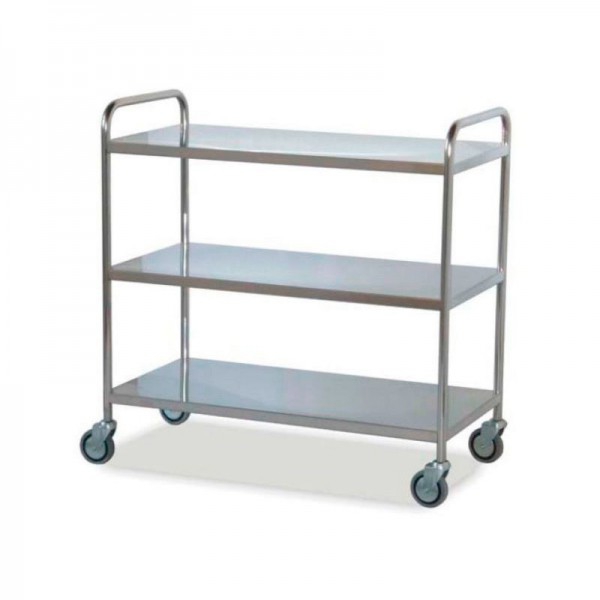 Hospital material distribution trolley: made of stainless steel with three shelves (95 x 55 x 95 cm)