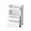 Auxiliary white wooden trolley: Equipped with three drawers and a central space to house the instrumentation Auxiliary white wooden trolley: Equipped with three drawers and a central space to house the instrumentation
