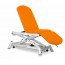 Osteopathy electric table: three bodies, with negative reclining backrest, central fold and straight rise without lateral displacement. Includes facial cap and retractable wheels, with Trendelenburg position