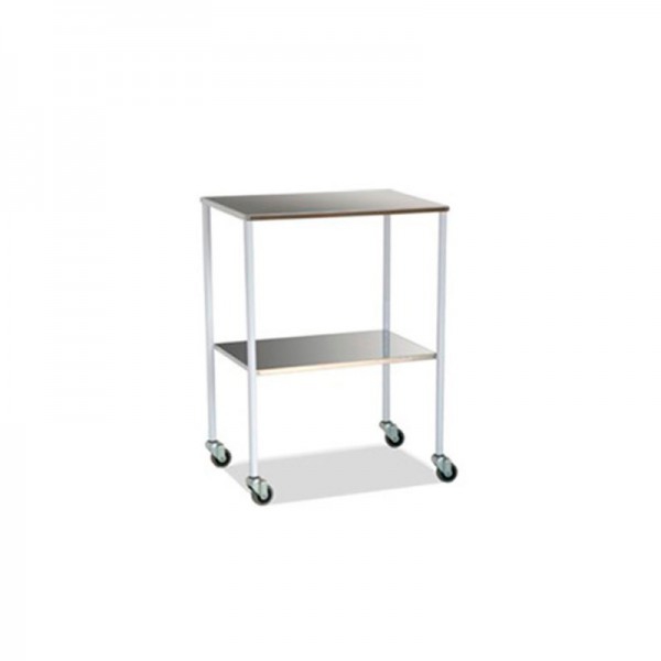 White Side Table with Two Stainless Steel Shelves and Swivel Casters