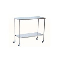 Stainless steel instrument table with two smooth shelves and 80 mm swivel casters