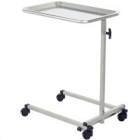 Auxiliary table for Mayo-type instruments, made of stainless steel, adjustable in height, with removable upper tray and four wheels