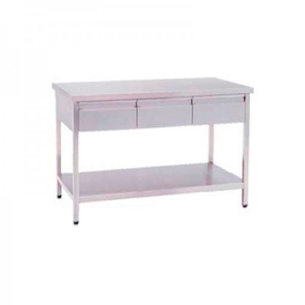Stainless steel work table: with three drawers and two smooth tops (150 x 80 x 85 cm)