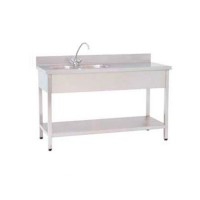 Work table made of stainless steel: two flat leveling legs and two basins. Without tap (150 x 60 x 85 cm)