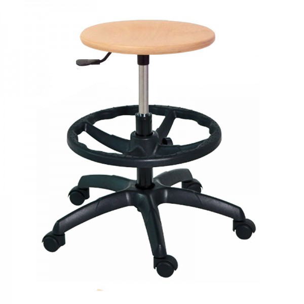 Kinefis Economy wooden stool: Backless, with footrest ring and high height of 55 - 80 cm